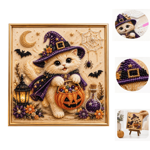 Spooky Cute Halloween Ghost Pearl Art DIY Kit, 3D diamond art kits for adults beginner, Ghost Companion Witch Cat Painting, Full All-Inclusive Supply, Farmhouse Halloween Decor Craft Gifts B