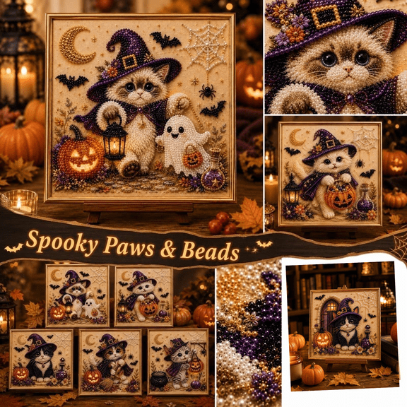 Spooky Cute Halloween Ghost Pearl Art DIY Kit, 3D diamond art kits for adults beginner, Gothic Witch Cat Pearl Art, Ideal Holiday Present, All Room Fall Halloween Decor Handmade Seasonal Gifts D