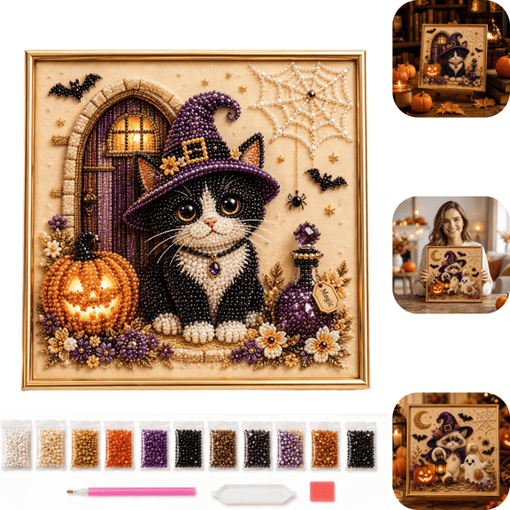 Spooky Cute Halloween Ghost Pearl Art DIY Kit, 3D diamond art kits for adults beginner, Multi Witch Cat Ghost Design Kit, Screen-Free Leisure Hobby, Living Room Halloween Decor Unique Craft Gifts C