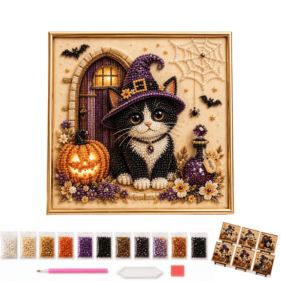 Spooky Cute Halloween Ghost Pearl Art DIY Kit, 3D diamond art kits for adults beginner, Vintage Witch Cat Landscape, Stress Relief Hobby, Autumn Harvest Halloween Decor Party Favor Gifts C