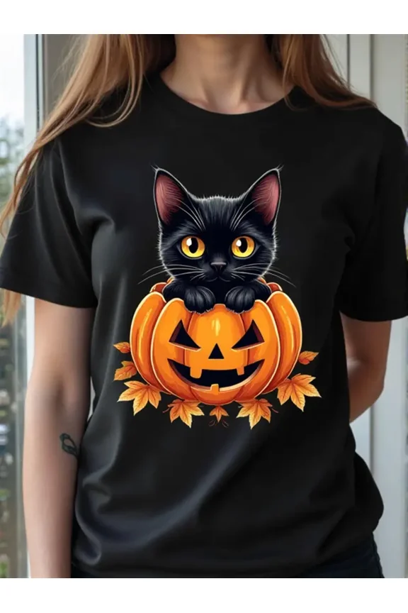 Spooky Cute Halloween T-Shirt with Black Cat in Carved Pumpkin Design - Unisex Adult Short Sleeve Round Neck Tee, Soft Breathable Fabric for Men & Women, Year-Round Comfort