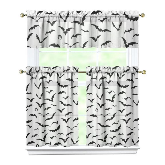 Spooky Cute Halloween Tier Curtains - Ghost Pumpkin Bat Pattern Window Treatment Panels with Valance