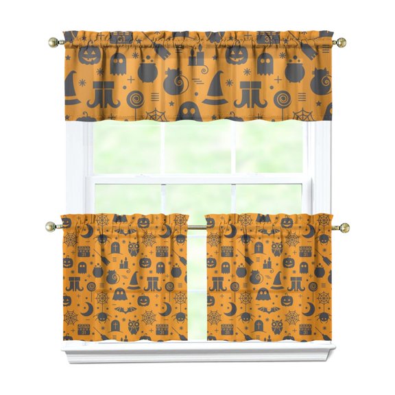 Spooky Cute Tier Curtains 3PC Set - Halloween Ghost Pumpkin Bat Design Kitchen Rod Pocket Window Panels