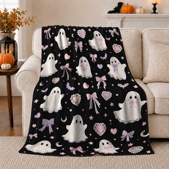 Spooky Cute Whimsical Ghost, Festive Halloween Scene, Warm Flannel Blanket for Living Room and Family Room with Detailed Artwork, Art Lovers Halloween Gift, Festive Home Decor