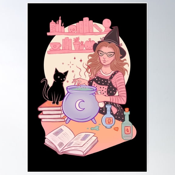 Spooky Cute Witch With Cauldron Poster Wall Art, Modern Wall Decor For Living Room Bedroom, 8x12 UNFRAMED