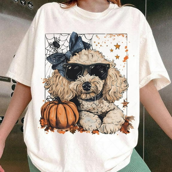 Spooky Cute poddle Halloween Tshirt,Halloween Tshirt,Poodle with Bow and Pumpkin Tshirt, Glam Dog Tshirt, Retro Coquette Fall