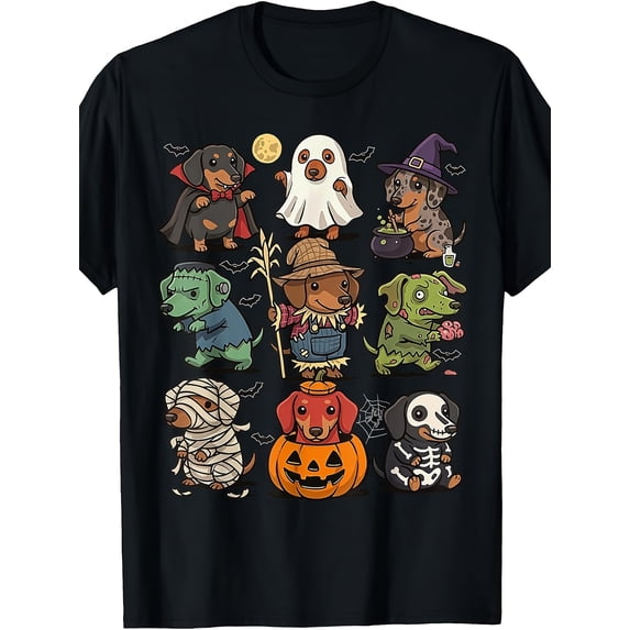 Spooky Dachshund Halloween Ghost Zombie Vampire Wiener Dog Graphic Tee for Men Women, Cute Creepy Doxie Short Sleeve T-Shirt, Casual Crew Neck Top for Dachshund Lover Gift