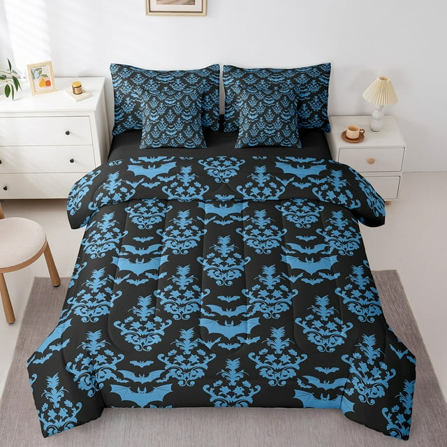 Spooky Damask Bed in a Bag King Size Comforter Set 7 Pieces Halloween Bats Bedding Sets,Gothic Sheet Set with Comforter Goth Vintage Floral Victorian Bed Set,Blue Silhouette Halloween Decor