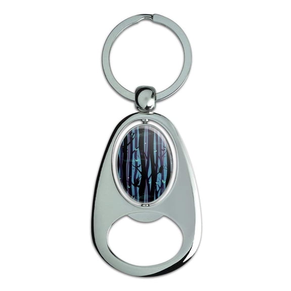Spooky Dark Forest with Crows and Ravens Keychain Chrome Metal Spinning Oval Bottle Opener