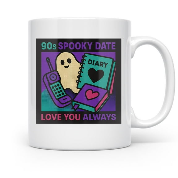 Spooky Date 90s Mug, 11oz Ceramic Coffee Cup, Retro Neon Halloween Gift for Couples & Nostalgic Collectors