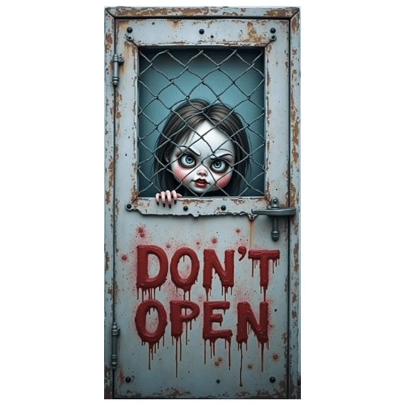 Spooky Design Don't Open Sign Metal Door Creepy Doll Decor Haunted House Prop for Halloween Party Horror Event Indoor Decoration