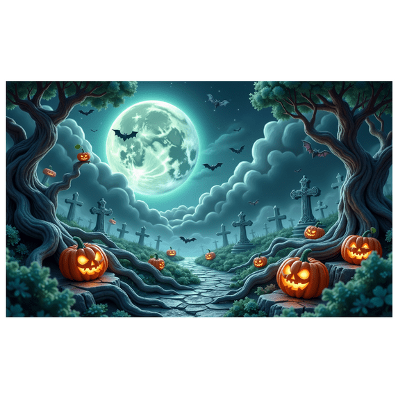 Spooky Design Halloween Banner Full Moon Graveyard Jack-o'-Lantern Atmospheric Scene for Halloween Party Outdoor Indoor Decoration