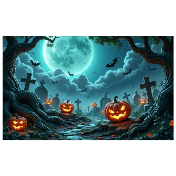 Spooky Design Halloween Banner Full Moon Graveyard Jack-o'-Lantern Atmospheric Scene for Halloween Party Outdoor Indoor Decoration