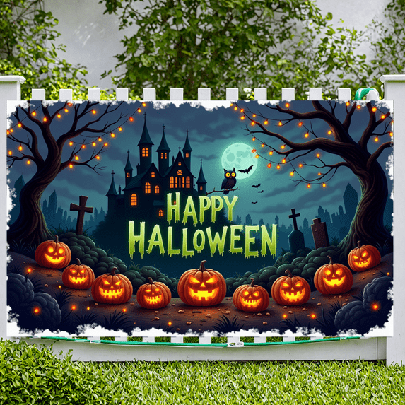 Spooky Design Halloween Banner Nighttime Theme Haunted House Jack O Lantern Ghost Decorations for Party Decor Outdoor Display Indoor Celebration