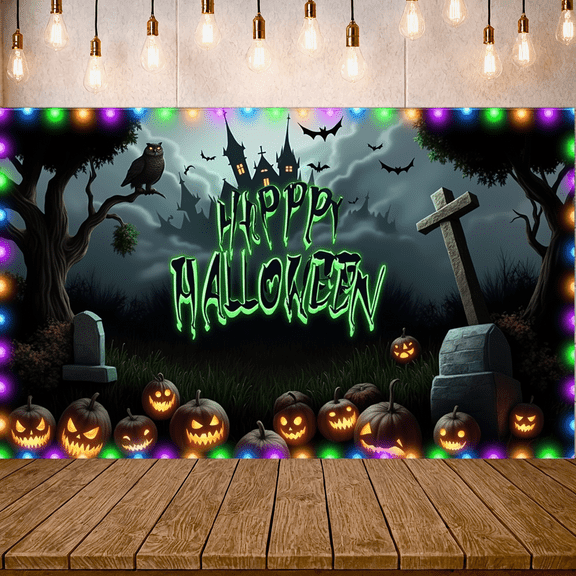 Spooky Design Halloween Banner Nighttime Theme Haunted House Jack O Lantern Ghost Decorations for Party Decor Outdoor Display Indoor Celebration
