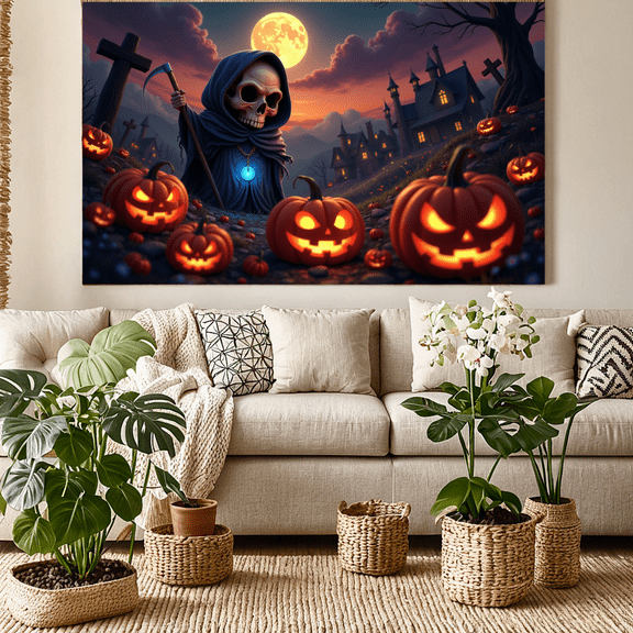 Spooky Design Halloween Banner Skeleton Illustration Pumpkin Graphics Haunted House for Holiday Party Event Indoor Decoration