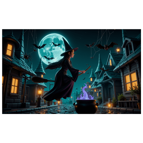 Spooky Design Halloween Banner Witch Flying Night Scene for Halloween Party Outdoor Decor Trick or Treat