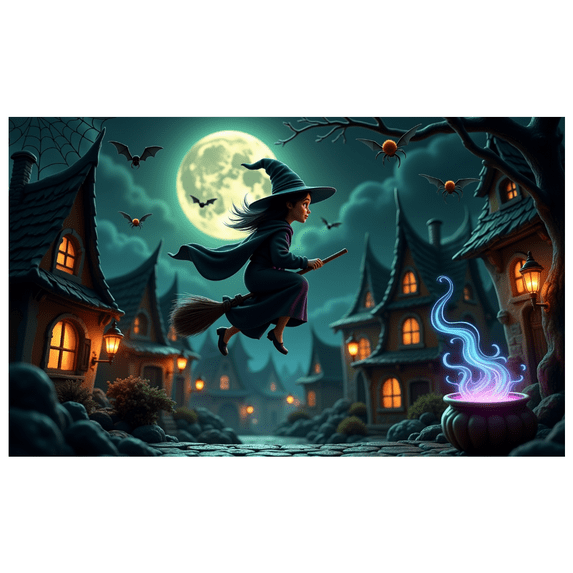 Spooky Design Halloween Banner Witch Flying Night Scene for Halloween Party Outdoor Decor Trick or Treat