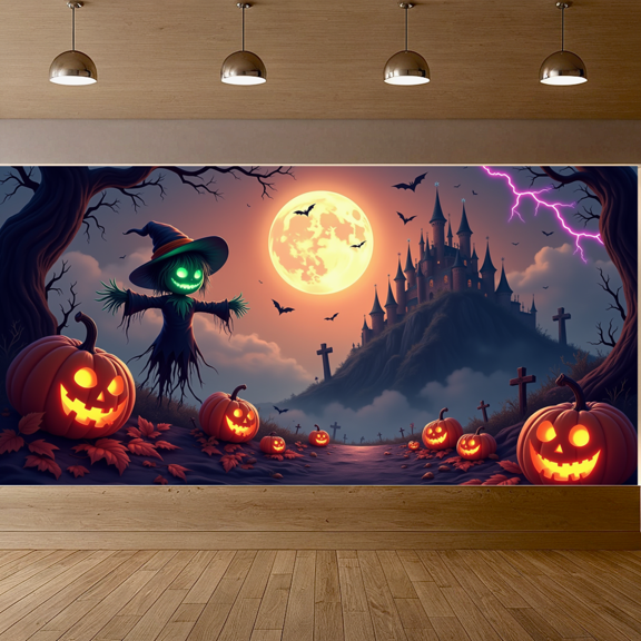 Spooky Design Halloween Banner Witch Scarecrow Pumpkin Lantern Haunted Castle for Party Decoration Outdoor Event Night Celebration