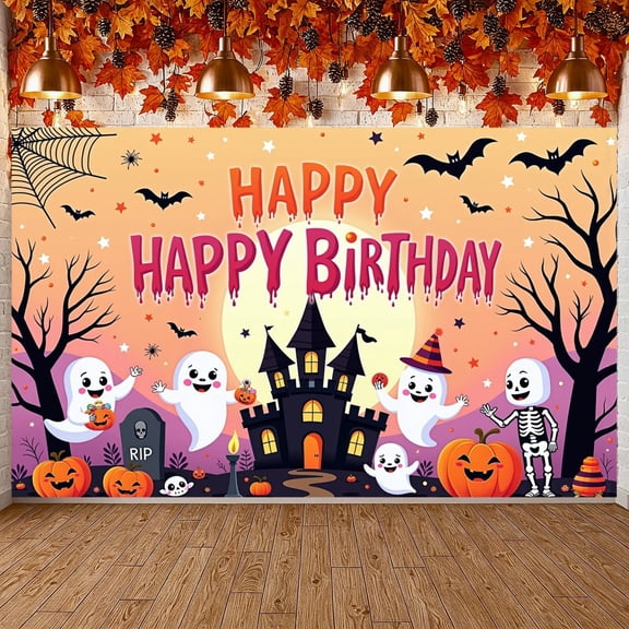 Spooky Design Halloween Birthday Banner Pumpkin Pattern Spooky Party Backdrop Ghost Cartoon Haunted Castle Print Ghost Celebration Display for Halloween Party Birthday Celebration Kids Gathering