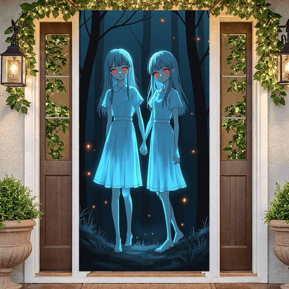 Spooky Design Scary Twins Eerie Atmosphere Horror Aesthetic Night Forest Mysterious for Halloween Party Haunted House Event