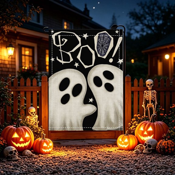 Spooky Double Ghost Star Cobweb 2D Printed Halloween Garden Flag, Outdoor Front Yard Party Decor, No Flagpole, Halloween Gift