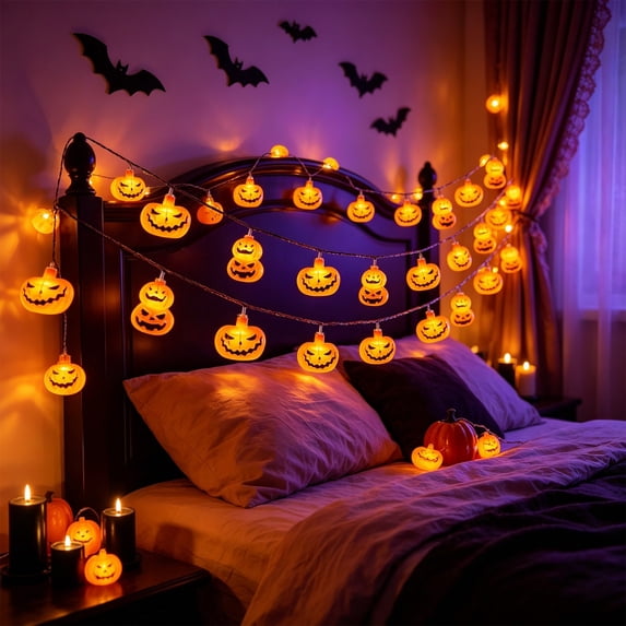 Spooky Double Pumpkin String Lights, Warm White LED Halloween Lighting, Battery Operated Waterproof Light Strings, Lights for Indoor Outdoor Yard Halloween Party (59in 10 Lights)
