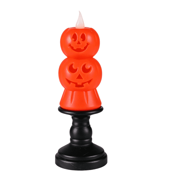 Spooky Double Stack Pumpkin LED Flameless Candle for Halloween Tabletop Decoration - Safe Flickering Light for Parties, Home Decor, and Retail Displays