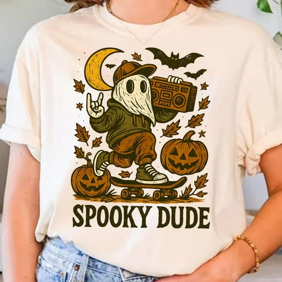 Spooky Dude Halloween T-Shirt for Women, Cute Vintage Ghost Graphic Tee, Funny Boo Halloween Shirt for Spooky Season