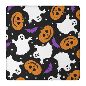 Spooky Elastic Hem Tablecloth 36x36 Inch - Stretchy Halloween Design with Pumpkin and Ghost Motif for Square Table Protection
