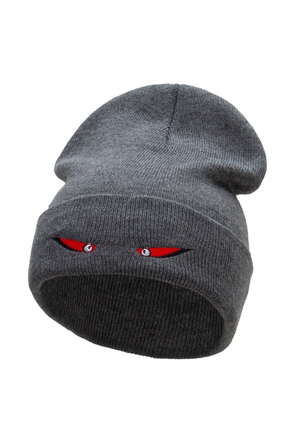 Spooky Eyes Embroidered 12 Inch Long Knitted Beanie - Dk Grey OSFM