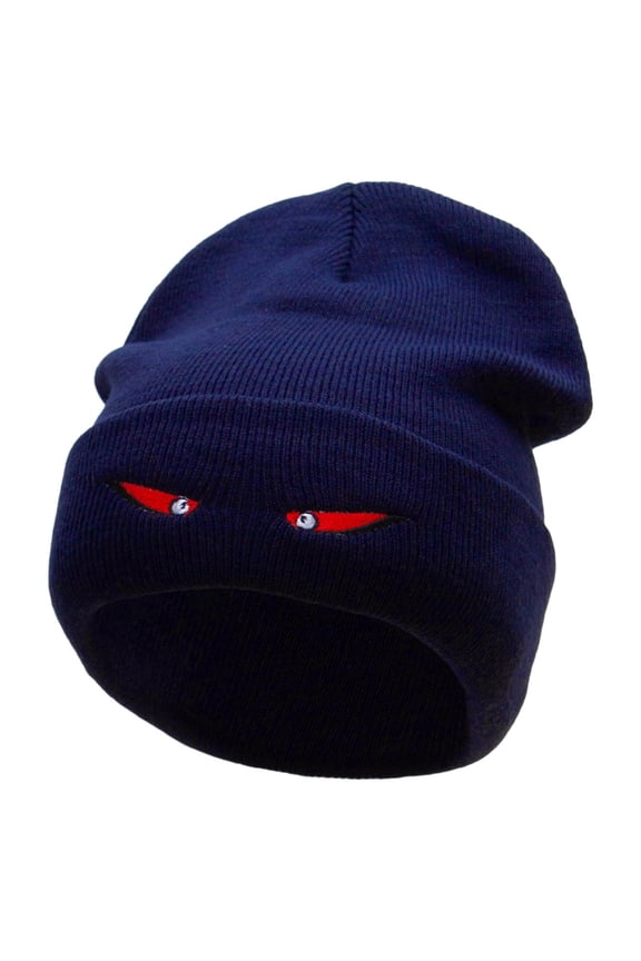 Spooky Eyes Embroidered 12 Inch Long Knitted Beanie - Navy OSFM