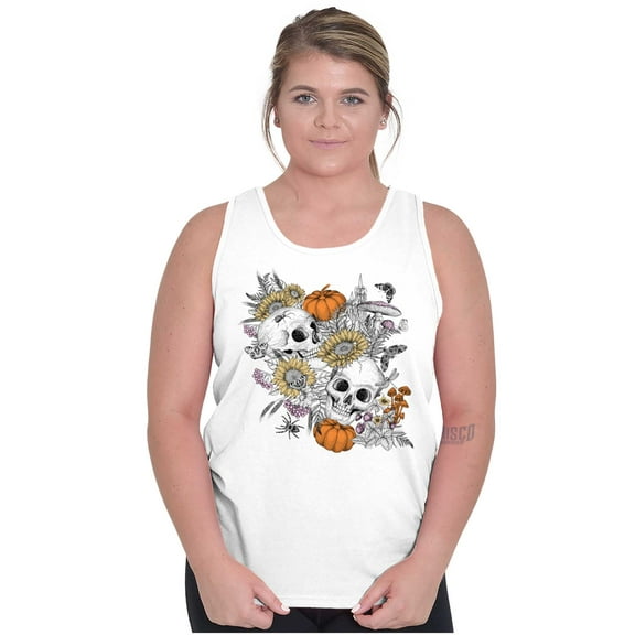 Spooky Fall Autumn Skulls Flowers Tank Top Tee Shirt Women Brisco Brands X
