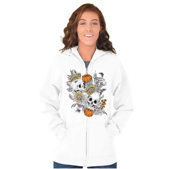 Spooky Fall Autumn Skulls Flowers Zip Hoodie Sweatshirt Women Brisco Brands L