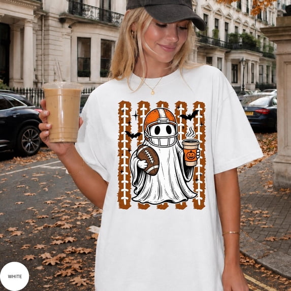 Spooky Football Ghost T-Shirt, Halloween Game Day Tee, Ghost Football Fan Shirt