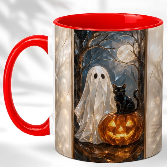 Spooky Forest Ghost Coffee Mug, Halloween Cat Mug, Ceramic 11 oz