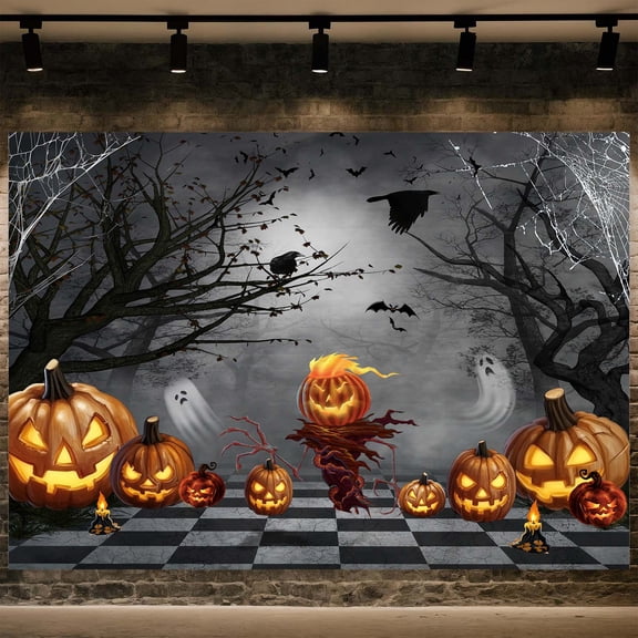 Spooky Forest Summerween Backdrop,Bat Crow Spooky Cobweb Pumpkins Photography Background,Halloween Theme Party Decor,Night Cemetery Banner Photoshoot Photo Booth Props Wallpaper-5x3FT