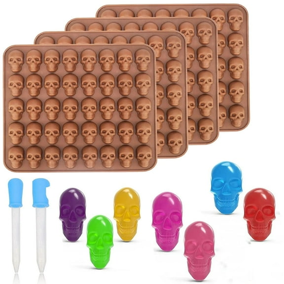 Spooky Fun with Gummy Skull Molds Silicone 4 Pack Candy Molds for Halloween Gummies, Candies, Jello, and Chocolate Includes 2 Droppers Brown The Spooky Skull Silicone Molds Four Pack Candy Mold