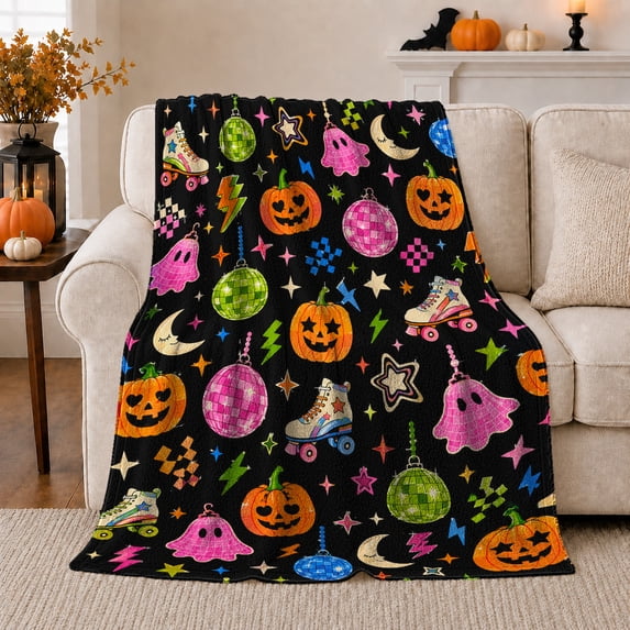 Spooky Fun Retro Roller Disco Halloween, Festive Halloween Scene, Warm Flannel Blanket for Living Room and Family Room, Art Lovers Halloween Gift, Festive Home Decor