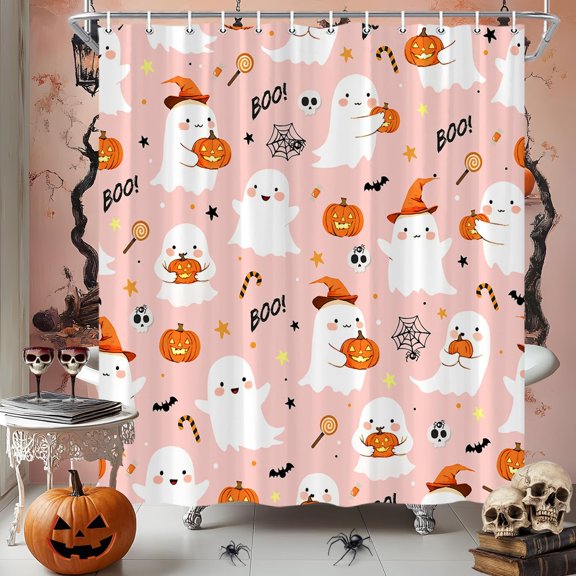 Spooky Funny Cute Ghost Pumpkin Alchemy Gothic Witchcraft Magic Shower Curtain – Fabric Bathroom Decor Set 72x84 inch
