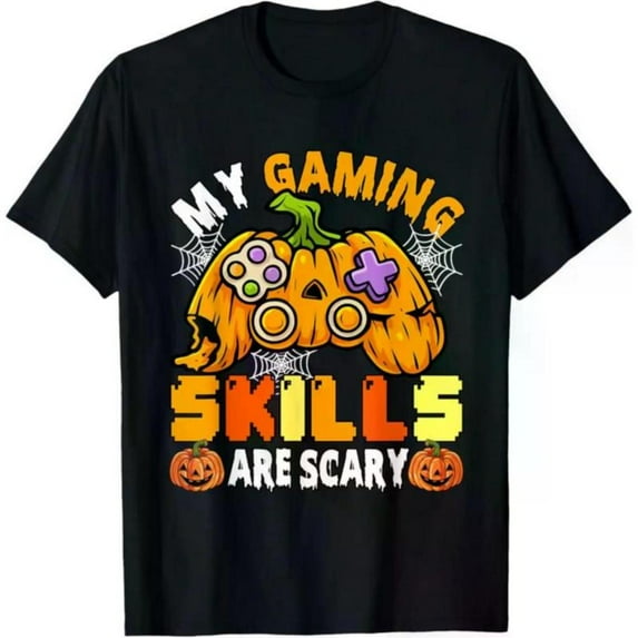 Spooky Gaming - Themed Patterned Tee,Tops Boasts "MY GAMING SKILLS ARE SCARY" Text and Pumpkin Game Controller Graphic,Round Neck Regular Fit T - shirts, Size(S - 5XL)