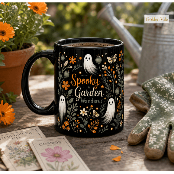 Spooky Garden Mug, Cute Ghost Floral Halloween Coffee Cup for Garden Lovers
