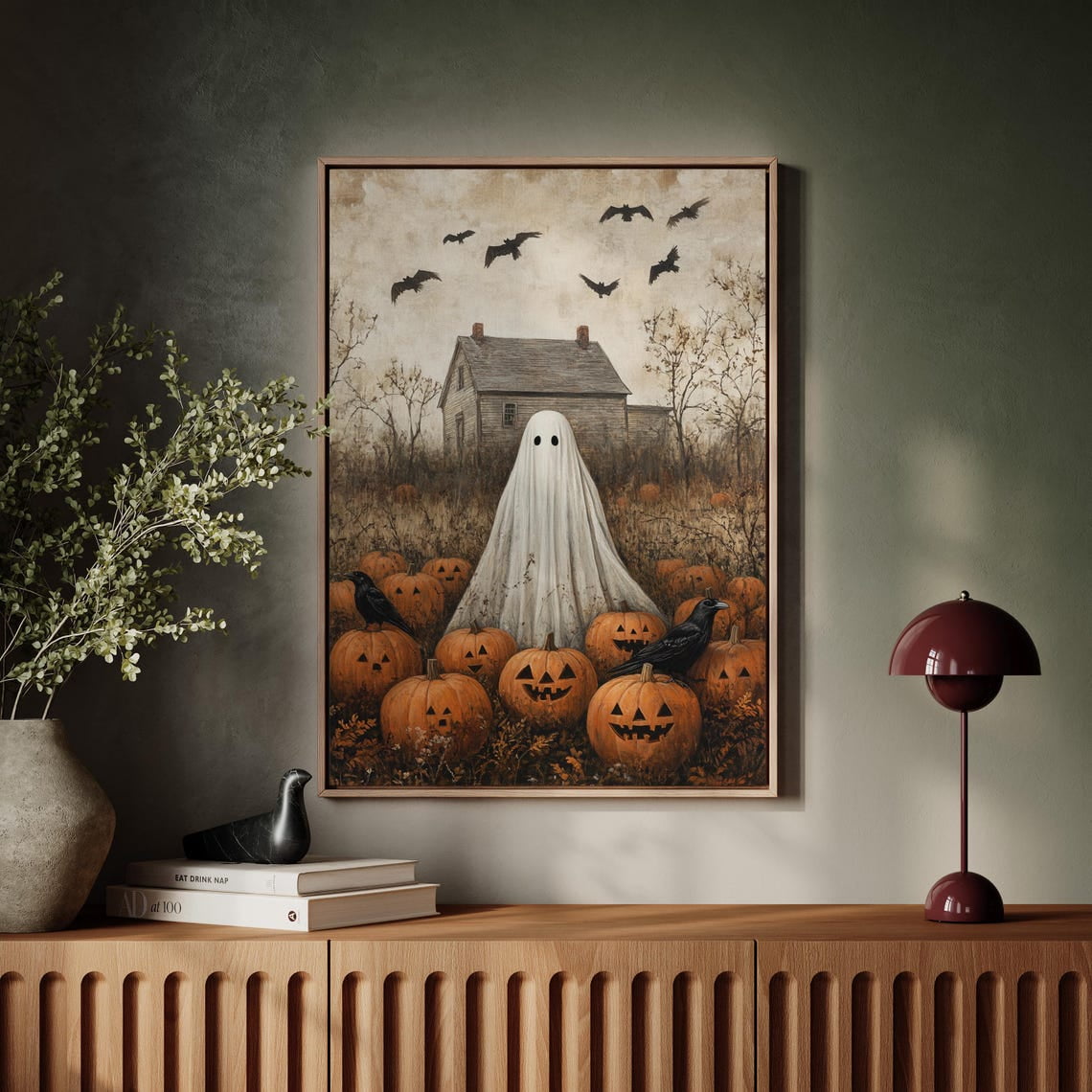 Spooky Ghost And Pumpkins Art Print - Vintage Haunted House Wall Decor ...