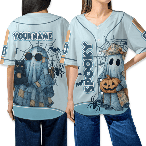 Spooky Ghost Baseball Jersey Halloween Shirt – Custom Name Unisex Ghost Costume Tee with Pumpkin and Cat Print