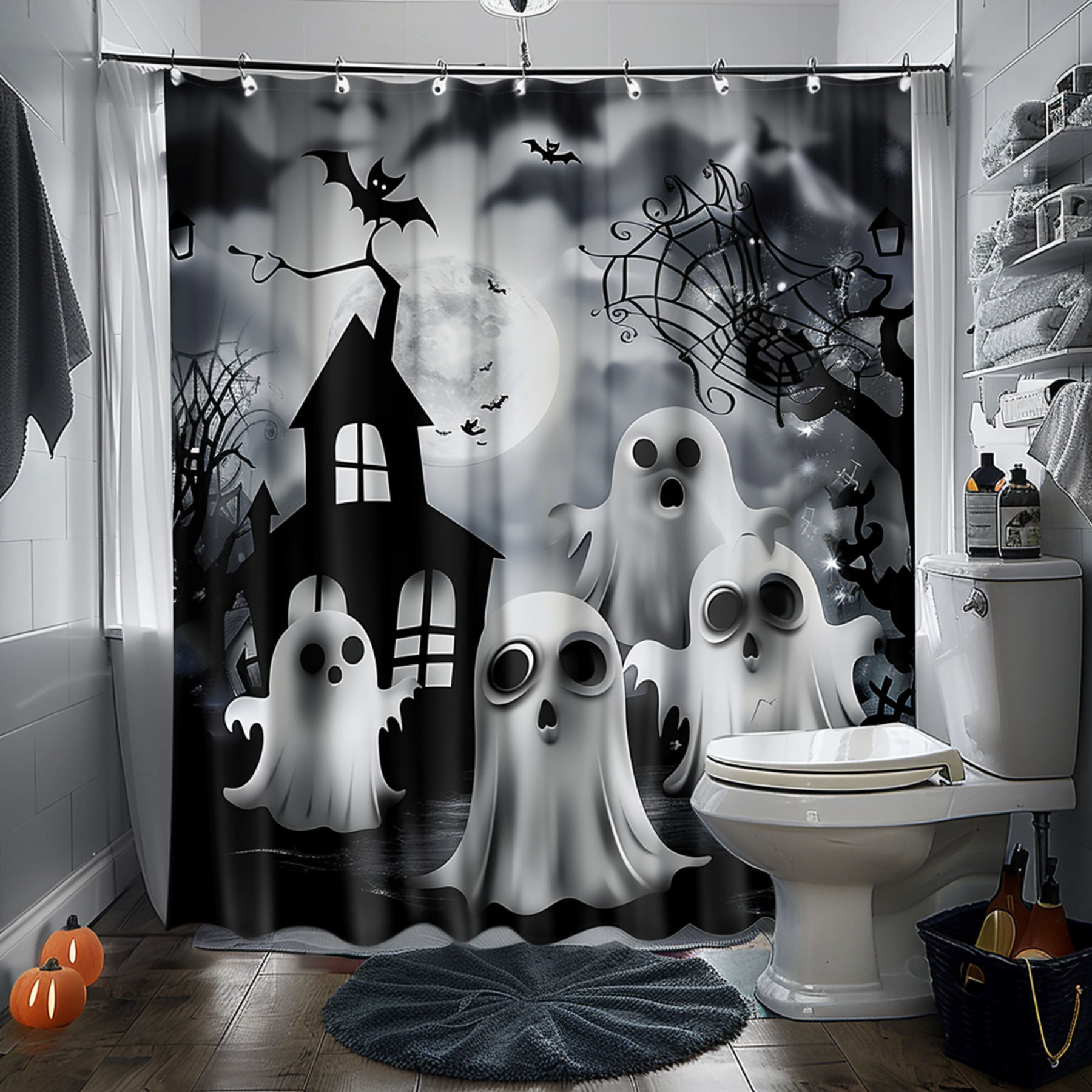 Spooky Ghost Bathroom Scene Shower Curtain Halloween Theme with Haunted