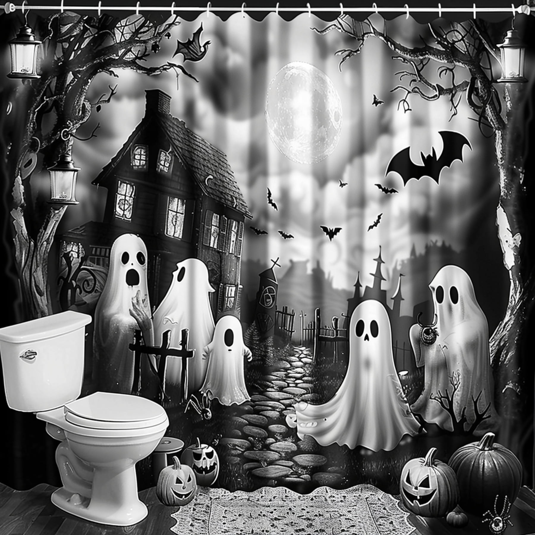 Spooky Ghost Bathroom Scene Shower Curtain Haunted Mansion Decor with