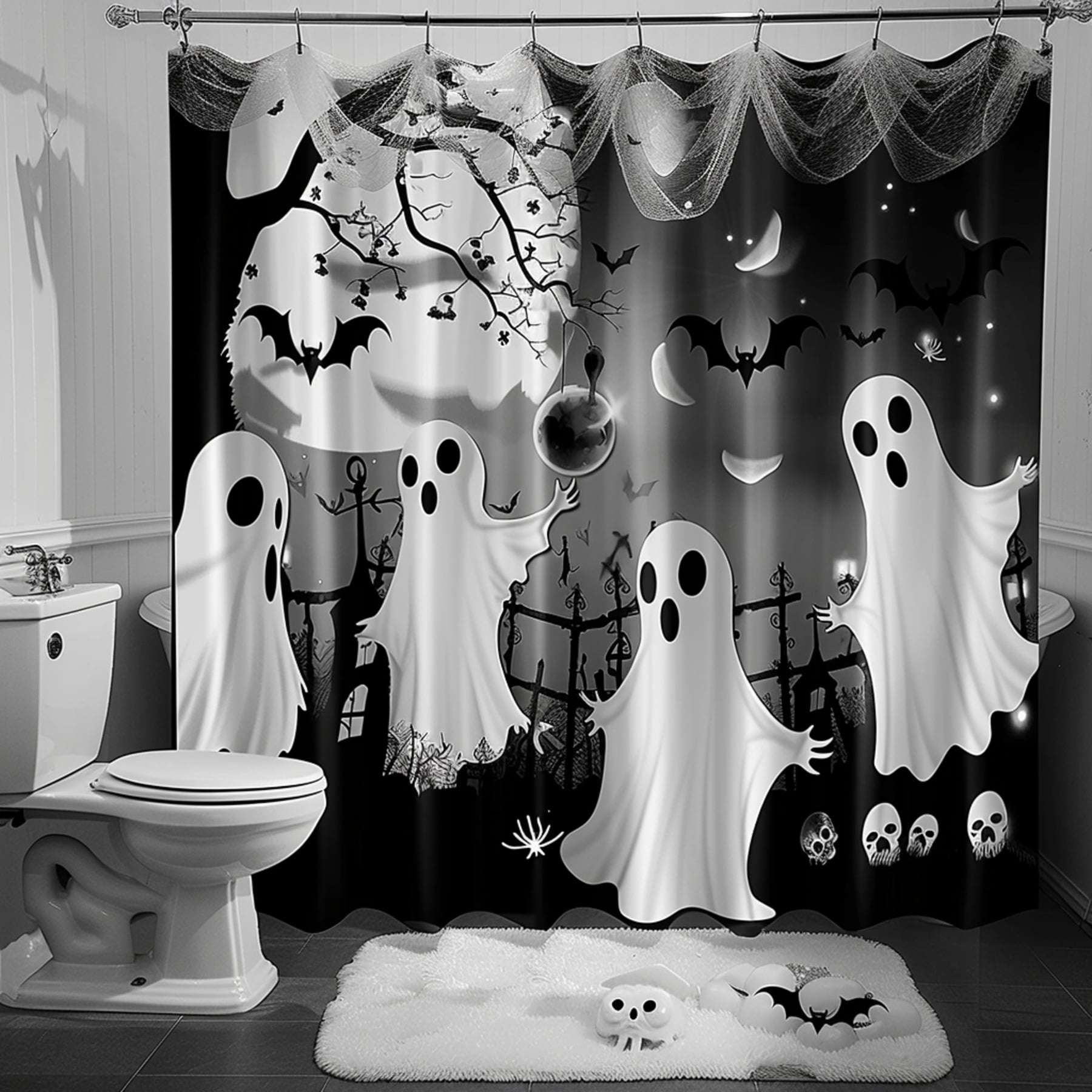 Spooky Ghost Bathroom Shower Curtain Halloween Haunted House Decor with