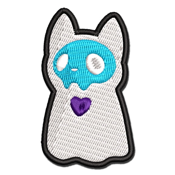 Spooky Ghost Cat Skull Heart Applique Multi-Color Embroidered Hook & Loop Patch - 3 Inch Medium