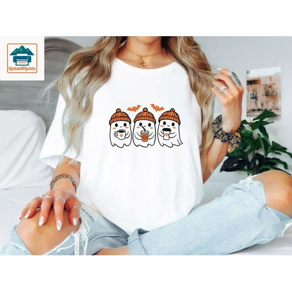 Spooky Ghost Coffee Shirt, Halloween Fall Tshirt, Ghosts in Beanies Tee, Autumn Drink Shirt, Trick or Treat Sweatshirt