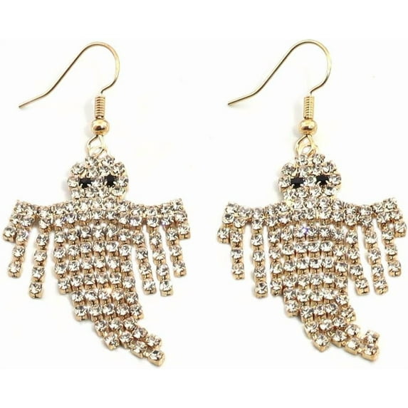 Spooky Ghost Dangle Earrings for Women Crystal CZ Tassel Drop Halloween Earrings Hook Statement Cute Halloween Accessories Jewelry for Costume Party Outfit